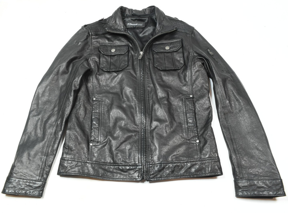 7 Diamonds Leather Jacket Mens Large Black Long Sleeve Full-Zip Biker